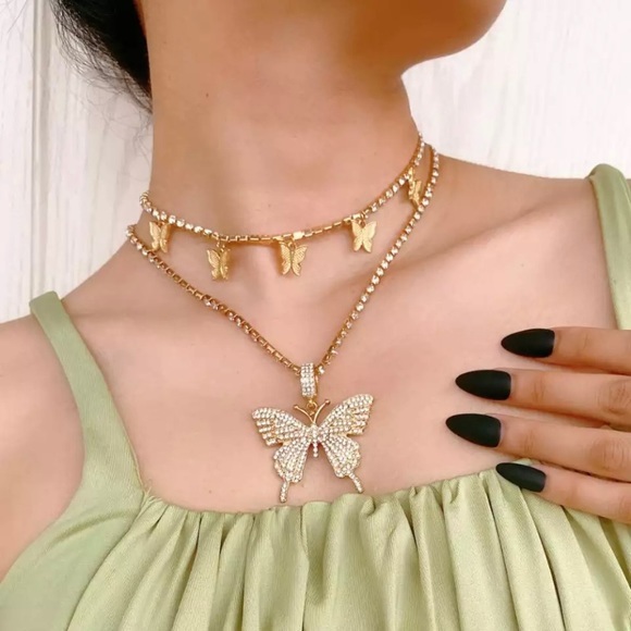 HP🦋STUNNING RHINESTONE BUTTERFLY GOLD CHOKER 2 PIECE SET - Picture 8 of 13